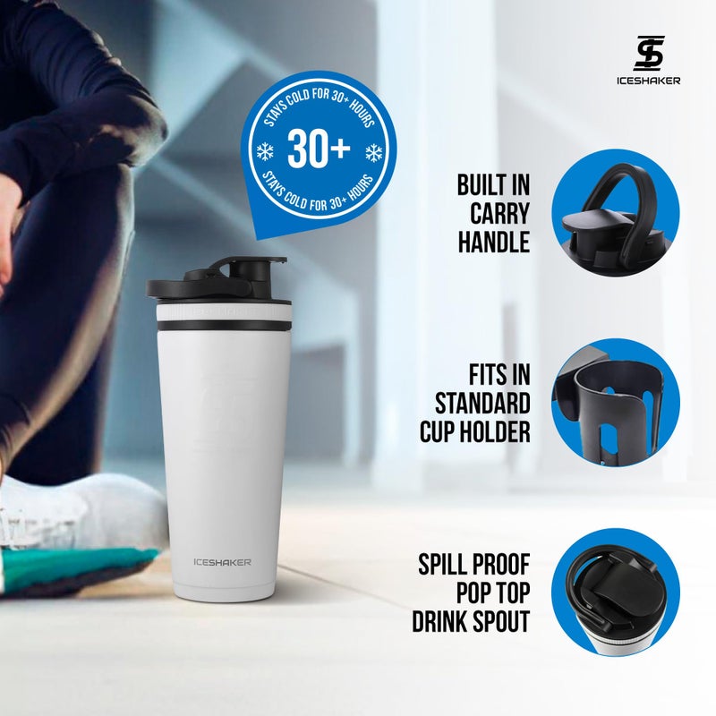 Ice Shaker Insulated Stainless Steel Shaker Bottle | 26oz, White | Cold for 30+ Hours | Insulated Cup with Twist-on Agitator | Odor-Free Bottle for Protein Shakes, Water, Smoothies, Cocktails - Image 3
